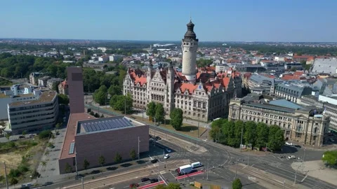 Leipzig new city hall tower, summer day. Nice aerial view flight drone Stock Footage 283832247