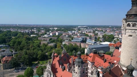 Leipzig new city hall tower, summer day. Lovely aerial view flight drone 스톡 동영상 283832341
