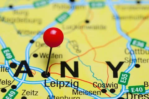 Leipzig pinned on a map of Germany Stock Photos