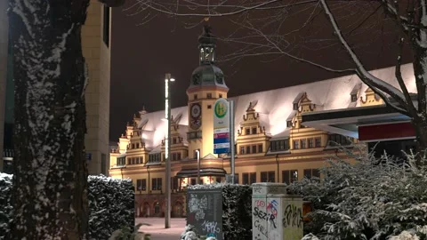 Leipzig in Saxony, Germany on a Winter night during snowfall in the dark Stock Footage 204999990