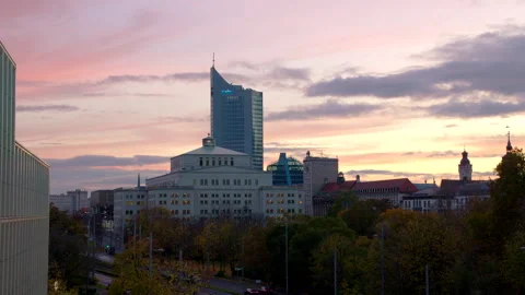 Leipzig Skyline with MDR Tower and City Hall under Dramatic Sky during Stock Footage 256000440