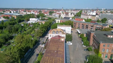 Leipzig spinning mill brick buildings chimney. Stunning aerial view flight drone Stock Footage 283870169