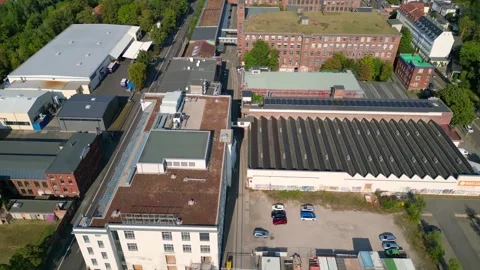Leipzig spinning mill brick buildings chimney. Perfect aerial view flight drone 스톡 동영상 283870182