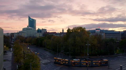 Leipzig Time Lapse of Sunset with Panoramic Cityscape View and Traffic Stock Footage 256000303