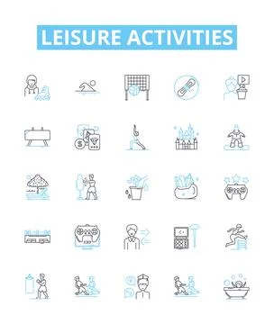 Leisure activities vector line icons set. Hiking, Bowling, Camping, Gardening 스톡 일러스트