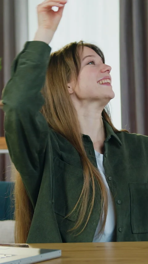 Leisure between work where beautiful dreamy positive 25-aged modern girl with lo Stock Footage 328940038