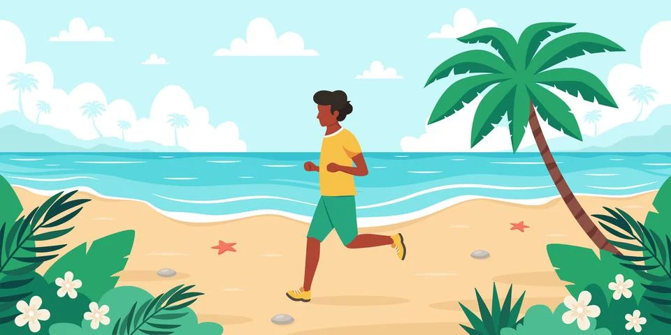 Leisure time on beach. Black man jogging. Summer time. Vector illustration Stock Illustration