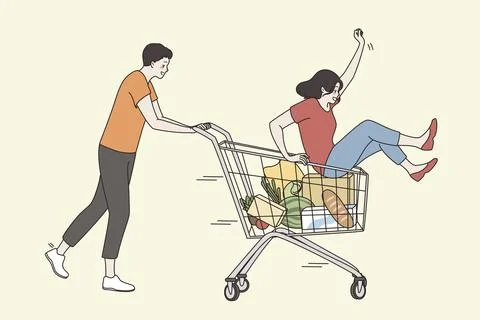 Leisure, vacation and having fun concept. Young happy couple cartoon characters Ilustração Stock