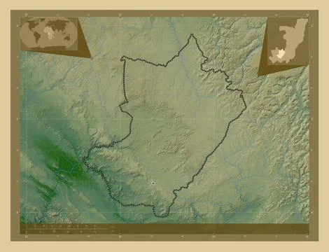 Lekoumou, Republic of Congo. Colored elevation map with lakes and rivers Stock Illustration