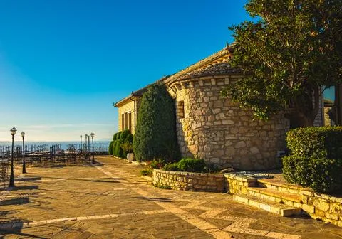 Lekursi Castle Kajala e Lekuresit. Saranda Albania during sunset. Stock Photos