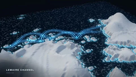 Lemaire Channel 3D White Terrain Relief Map With Glowing Route And Pack Ice Stock Footage 343393707