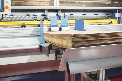 Lements of corton boxes are collected in stack. Conveyor line for the product 스톡 사진