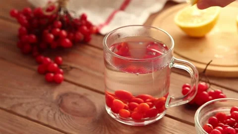 Lemon is added to tea with viburnum Stock Footage 168009253