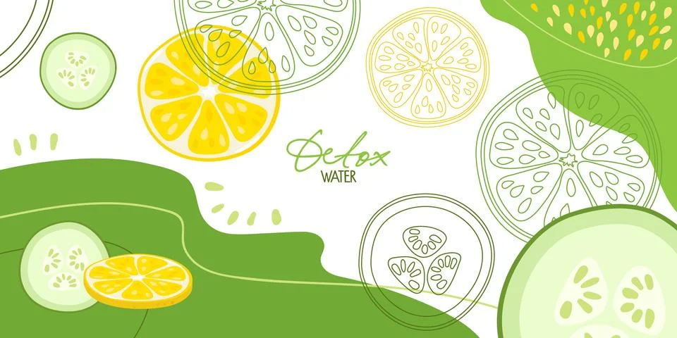 Lemon and cucumber on abstract background. Fresh farm vegetables for diet. Detox Stock Illustration