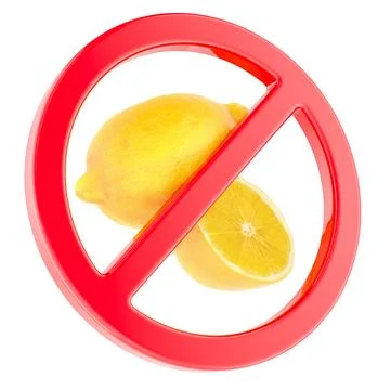 Lemon and half lemon with red prohibition sign, 3d rendering Stock Illustration