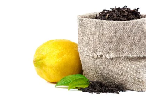 Lemon and leaf black tea isolated on white background Stock Photos
