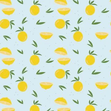 Lemon and leaves pattern on blue light background. Vector. Stockillustratie