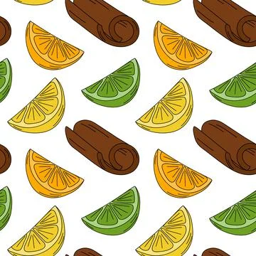 Lemon and lime slices, Cinnamon stick Citrus fruit Pop Art Seamless Pattern Stock Illustration