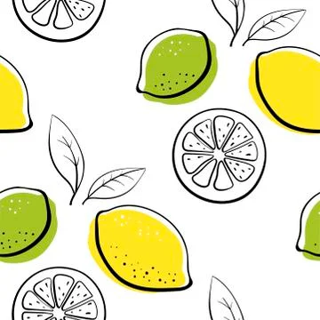 Lemon and lime vector seamless pattern. Citrus fruits with slices and leaves Stock Illustration