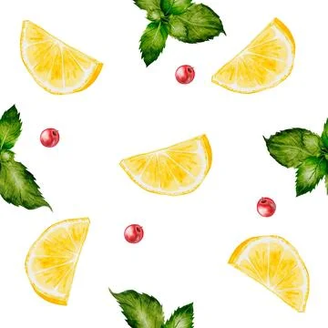 Lemon and mint watercolor pattern. Hand drawn tropical sour fruit and fresh Stock Illustration