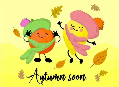Lemon and orange. Vitamins in the fall. Citrus fruit. Cute kawaii characters. Stock Illustration