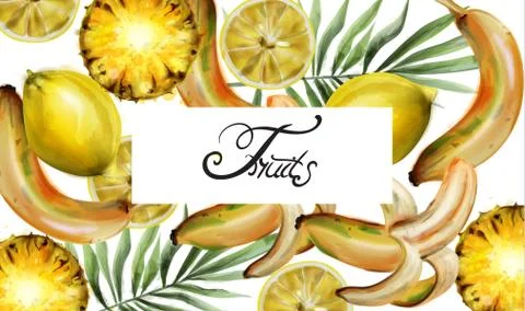 Lemon and pineapple pattern Vector watercolor. Tropic exotic fruits texture.  Illustrazione stock