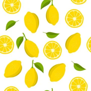 Lemon and slices of lemon pattern. Summer background with yellow lemons. Vect Stock Illustration