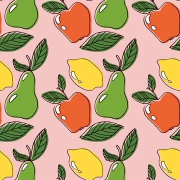 Lemon, apple, leaf and pear vector line art seamless pattern for textile prints. Illustrazione stock