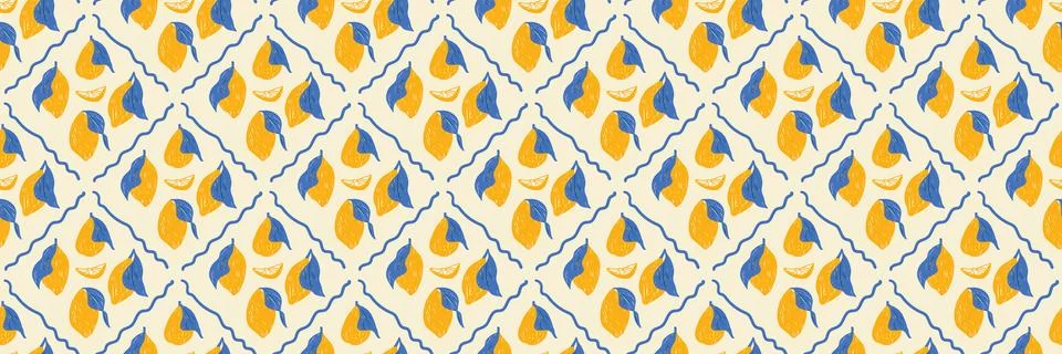 Lemon argyle seamless pattern with hand drawn citrus on cream background. Yellow Illustrazione stock