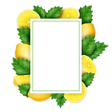 Lemon border, fruit background, flower frame. Corner with tree branch and green Illustrazione stock