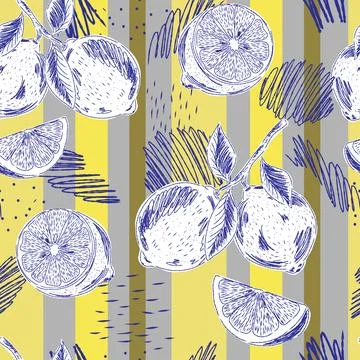 Lemon on a Branch Seamless Pattern. A vintage hand-drawn illustration in a sk Stockillustratie