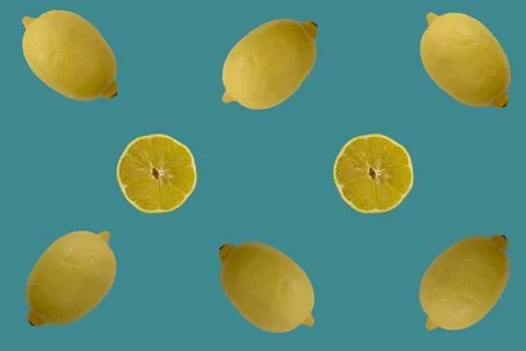 Lemon on a bright turquoise blue background. Seamless pettern. Summer patte.. Stock Photos