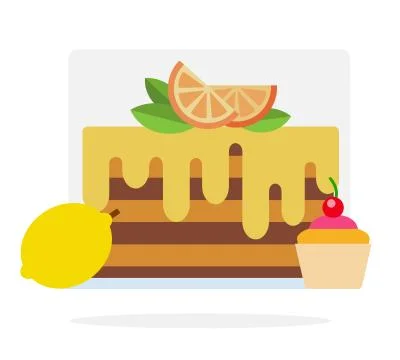 Lemon cake, muffin with cherry and lemon flat isolated Stock Illustration