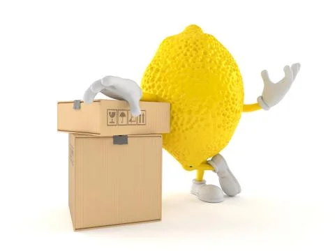 Lemon character with stack of boxes Illustrazione stock