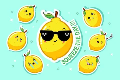 Lemon Character Sticker Set with Various Emotions Vector Illustration 스톡 일러스트