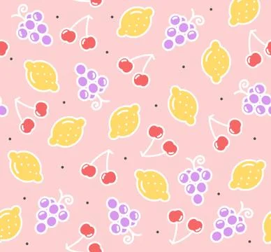 Lemon, Cherry and Grape Fruit Background Pattern. Vector 스톡 일러스트