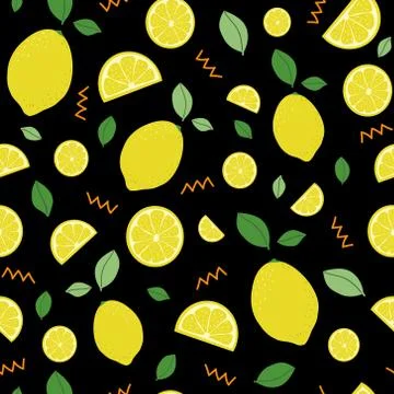 Lemon. Citrus pattern. Seamless pattern on black background. Lemones texture  Illustrazione stock