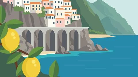 Lemon Coast Mediterranean Beach Flat Design Illustration Illustrazione stock