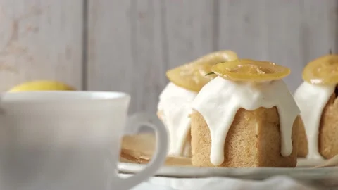 Lemon Cube pound cake set on table. Stock Footage 150484866