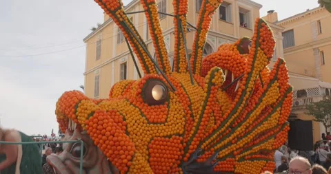 Lemon Festival Parade Float Made of Citrus Fruits in Menton France Stock Footage 331615389