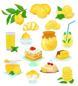 Lemon food vector lemony yellow citrus fruit and fresh lemonade or natural juice Stock Illustration