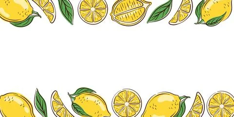 Lemon fruit border with whole lemon, slice, leaf on white background. Perfect Stock Illustration