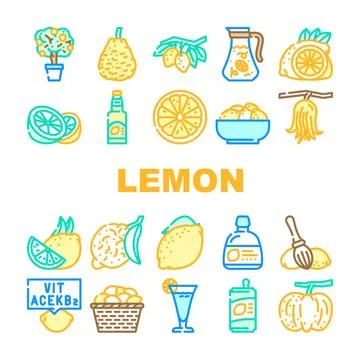Lemon fruit citrus slice fresh icons set vector Stock Illustration