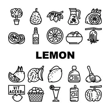 Lemon fruit citrus slice fresh icons set vector Stock Illustration