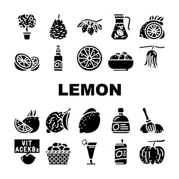 Lemon fruit citrus slice fresh icons set vector Stock Illustration