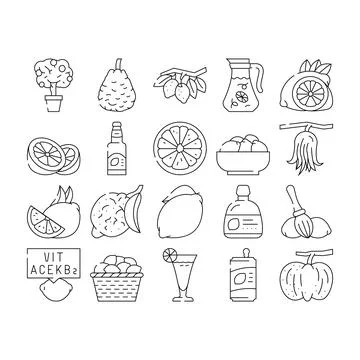 Lemon fruit citrus slice fresh icons set vector Stock Illustration