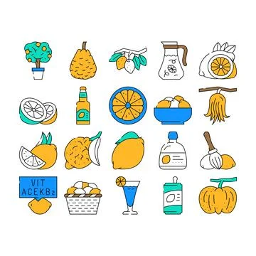 Lemon fruit citrus slice fresh icons set vector Stock Illustration