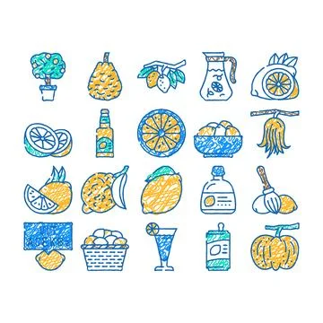Lemon fruit citrus slice fresh icon hand drawn Stock Illustration