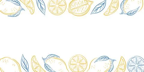 Lemon fruit frame with whole lemon, slice, leaf on white background in line art Stock Illustration
