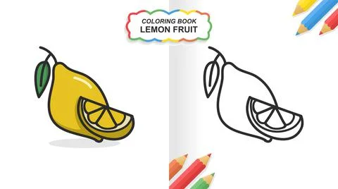 Lemon fruit hand drawn coloring book for learning. Flat color ready to print Stock Illustration